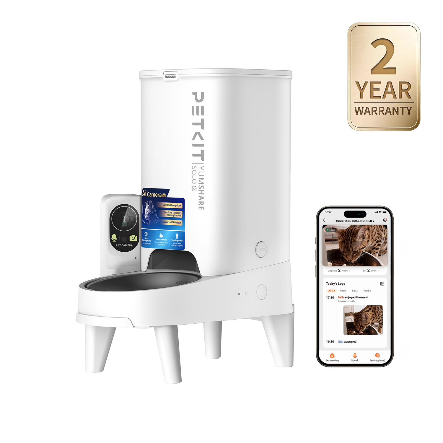 YumShare Solo 2 automatic cat feeder with app control interface and 2-year warranty badge, showing remote feeding management