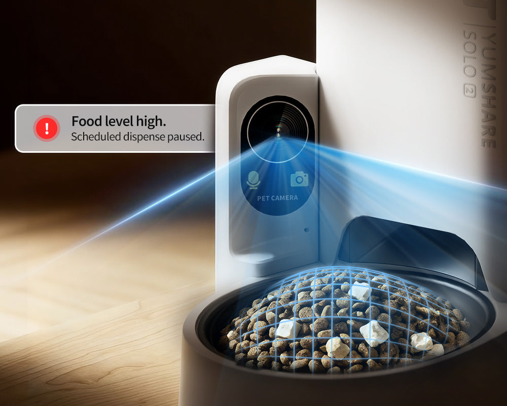 YumShare Solo 2 automatic cat feeder monitoring bowl food levels and automatically stopping dispensing to prevent overfeeding