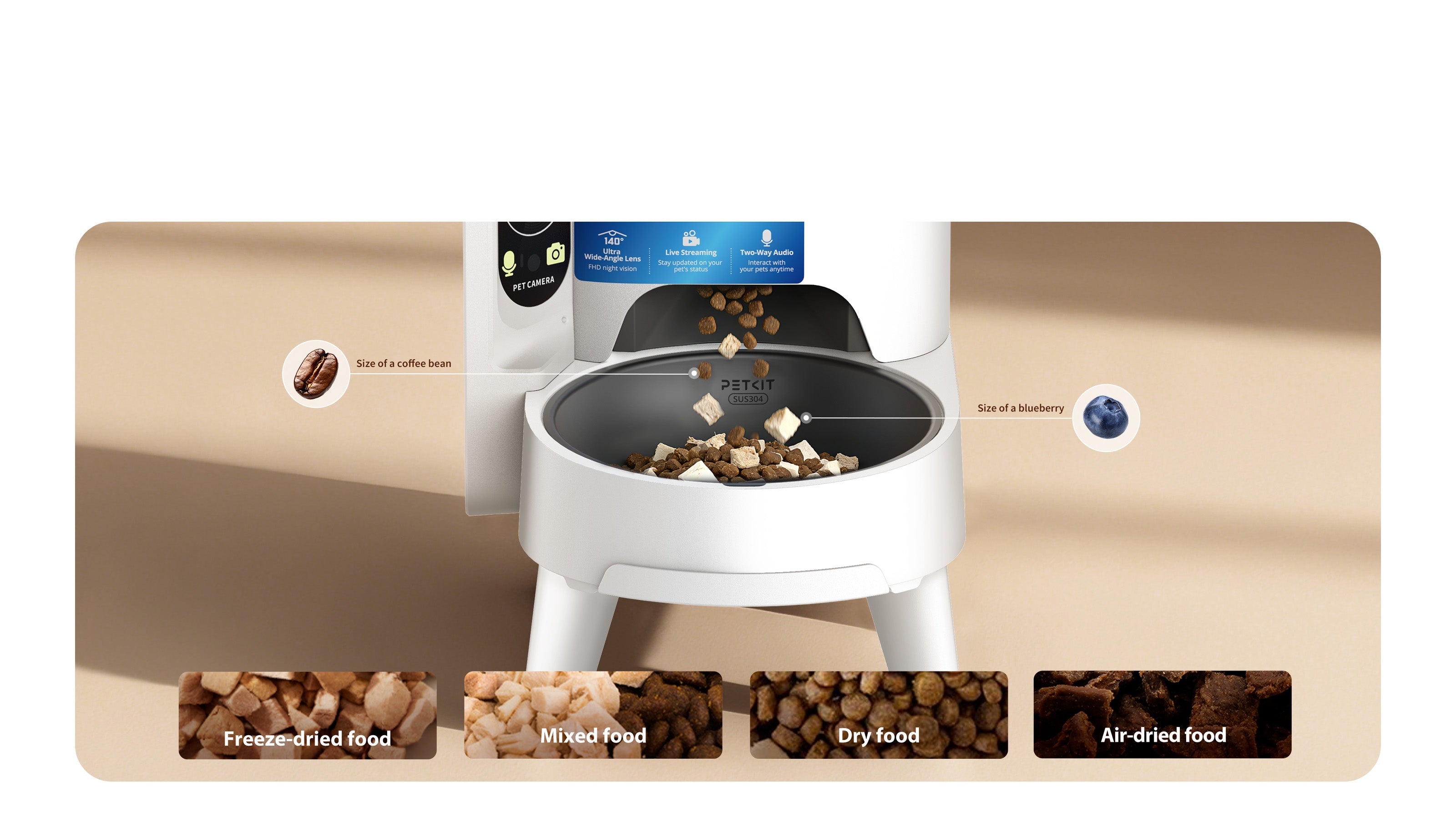 YumShare Solo 2 automatic cat feeder compatible with dry kibble and freeze-dried food in multiple sizes