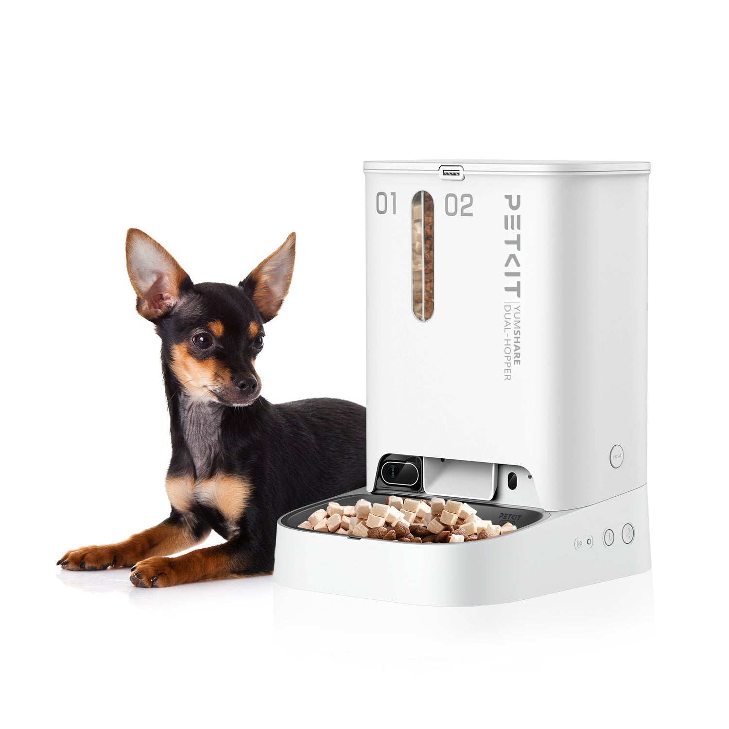 PETKIT YumShare Dual-hopper Automatic Cat Feeder with Camera with a small pet lying next to the feeder showing affection